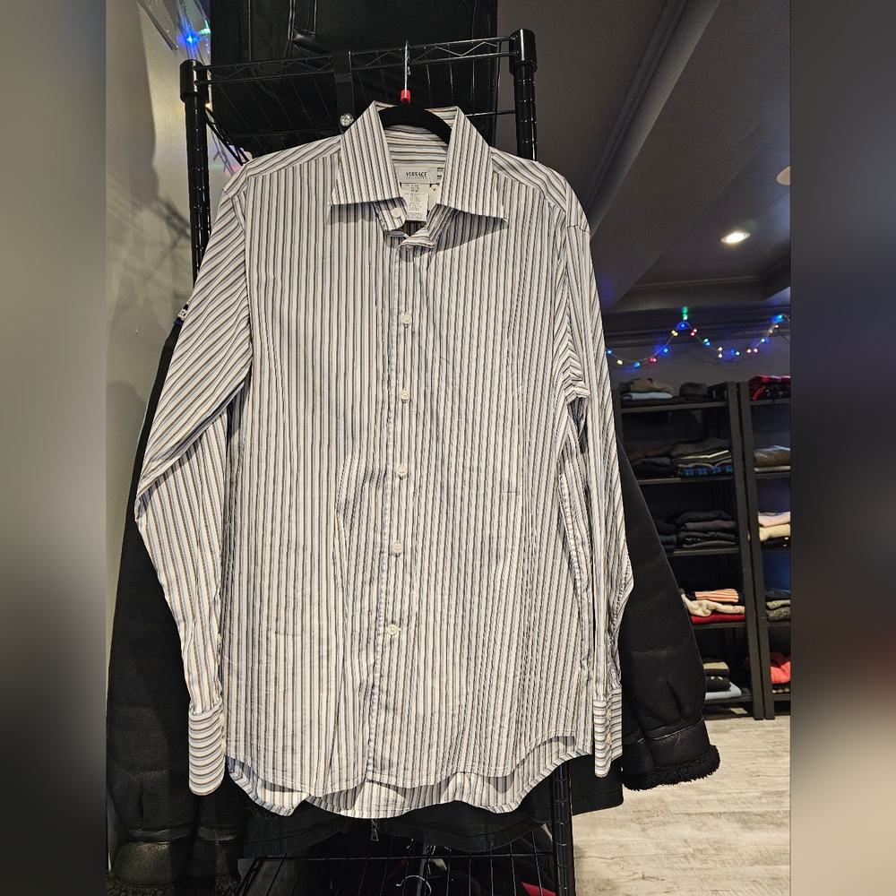 Versace Men's Blue and White‎ Striped Shirt